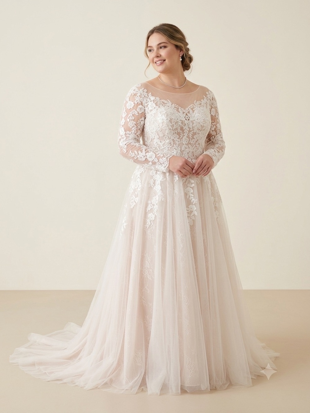 Long Sleeve Lace A-Line Wedding Dress in Ivory and Champagne